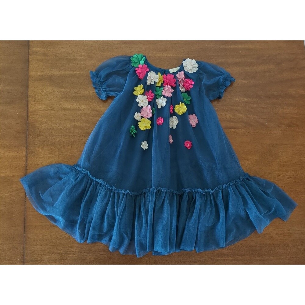 Mini Boden Girl's A line Flutter Flower Applique Dress in Blue size 4/5